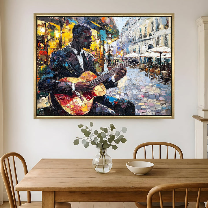Guitarist performing in a cobbled plaza Wall Art, HD Canvas Print, Golden Floater Framed, Ready to Hang, (36 In x 48 In) (CITY-WA-05)