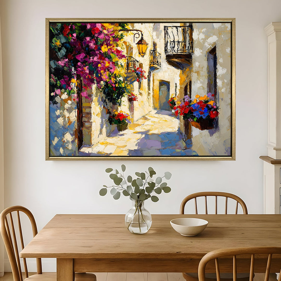 Narrow alley with balconies full of flowers Wall Art, HD Canvas Print, Golden Floater Framed, Ready to Hang, (36 In x 48 In) (CITY-WA-07)