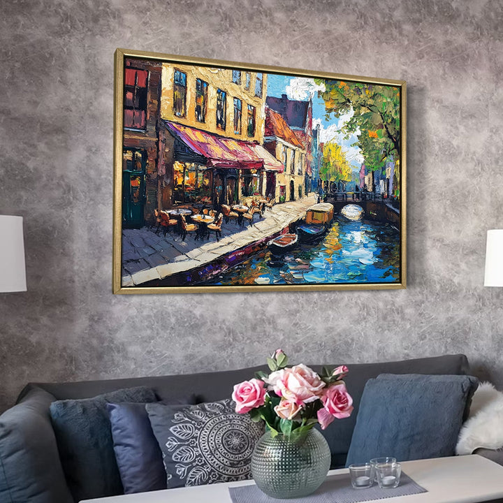 Canal-side brunch café in Amsterdam Wall Art, HD Canvas Print, Golden Floater Framed, Ready to Hang, (36 In x 48 In) (CAFE-WA-12)