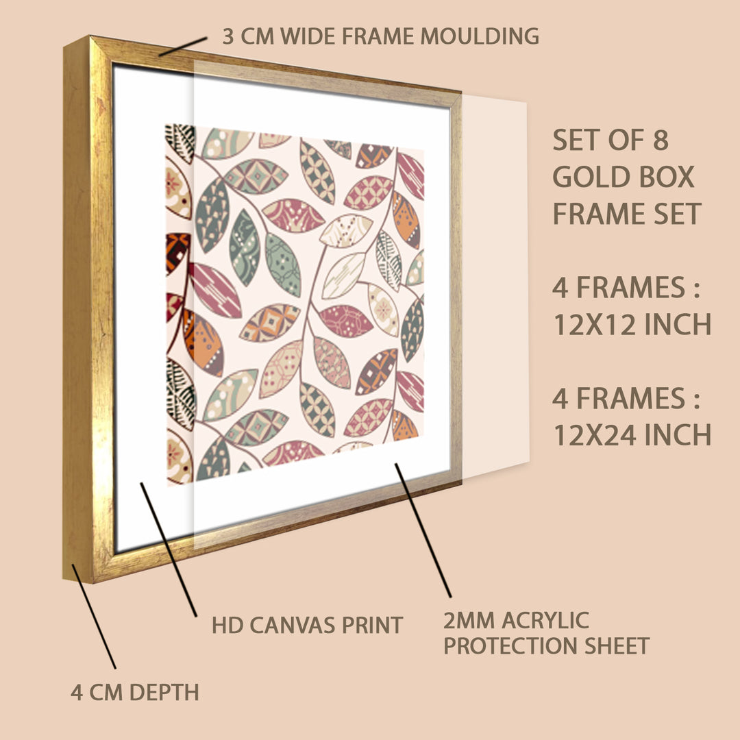 Indian Folk & Madhubani Art – Set of 8 Framed Acrylic Paintings in Golden Box Frames (INETHPA02)