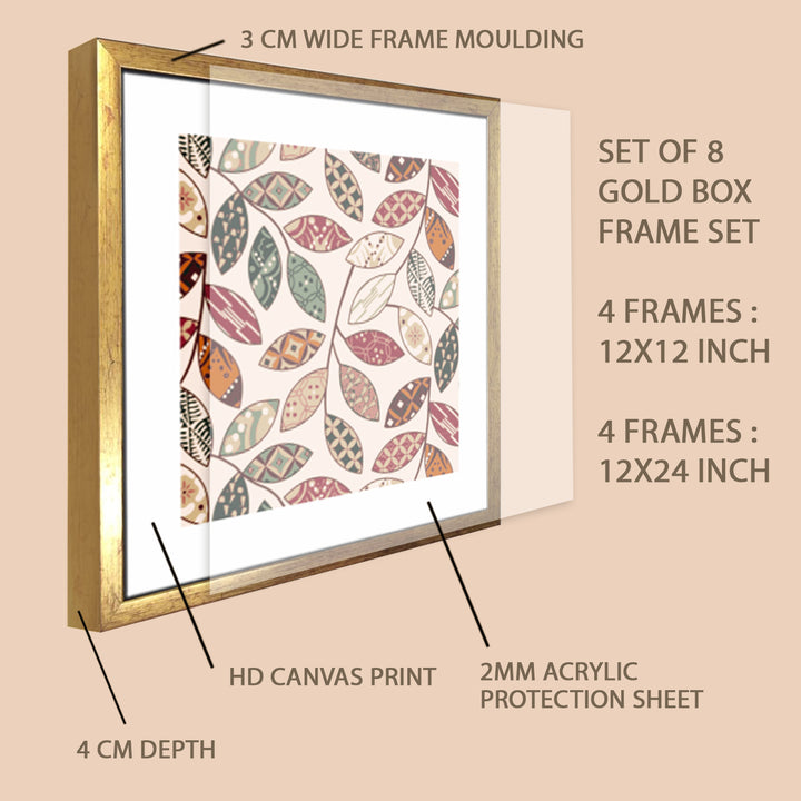 Indian Folk & Madhubani Art – Set of 8 Framed Acrylic Paintings in Golden Box Frames (INETHPA02)