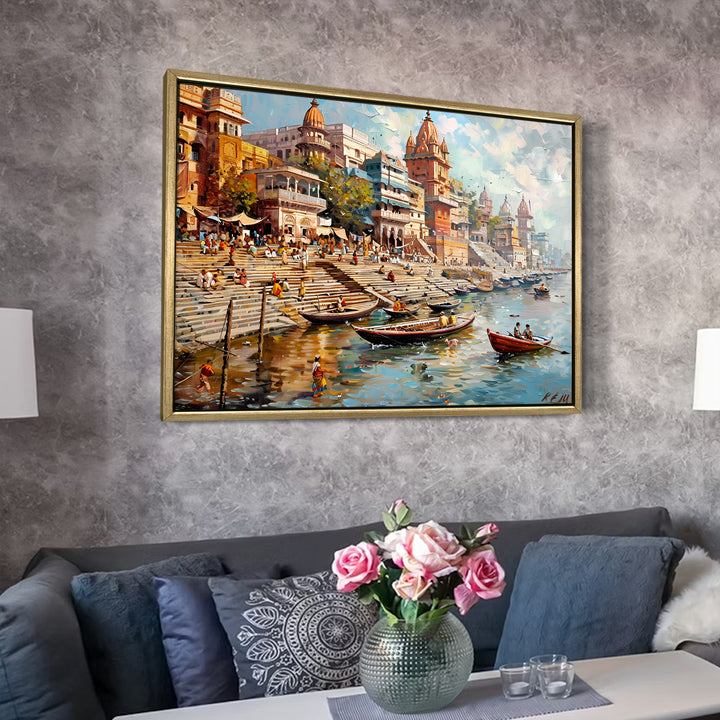 Banaras Ghats Painting Wall Art – Varanasi Riverfront with Golden Floater Frame – HD Print Large Canvas, Ready to Hang, Size: 3X4FT, (BAWA06)