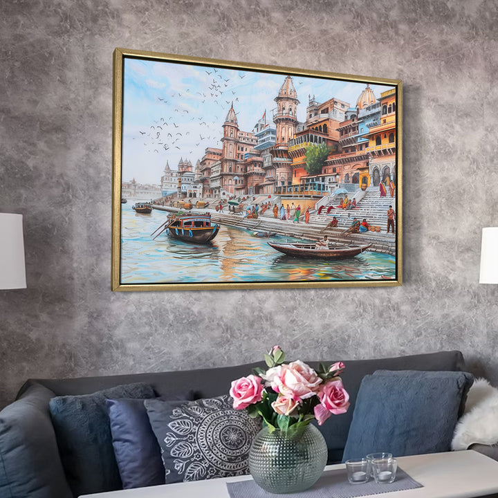 Banaras Ghats Painting Wall Art – Varanasi Riverfront with Golden Floater Frame – HD Print Large Canvas, Ready to Hang, Size: 3X4FT, (BAWA07)