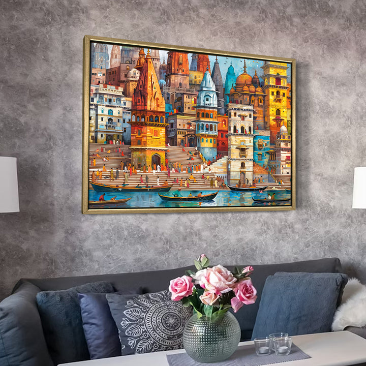 Banaras Ghats Painting Wall Art – Varanasi Riverfront with Golden Floater Frame – HD Print Large Canvas, Ready to Hang, Size: 3X4FT, (BAWA25)