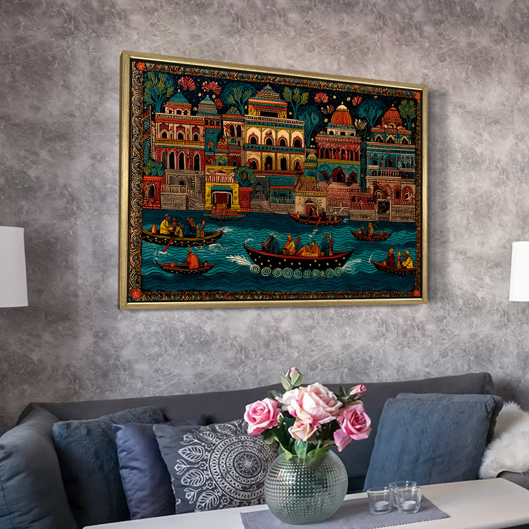 Banaras Ghats Painting Wall Art – Varanasi Riverfront with Golden Floater Frame – HD Print Large Canvas, Ready to Hang, Size: 3X4FT, (BAWA22)