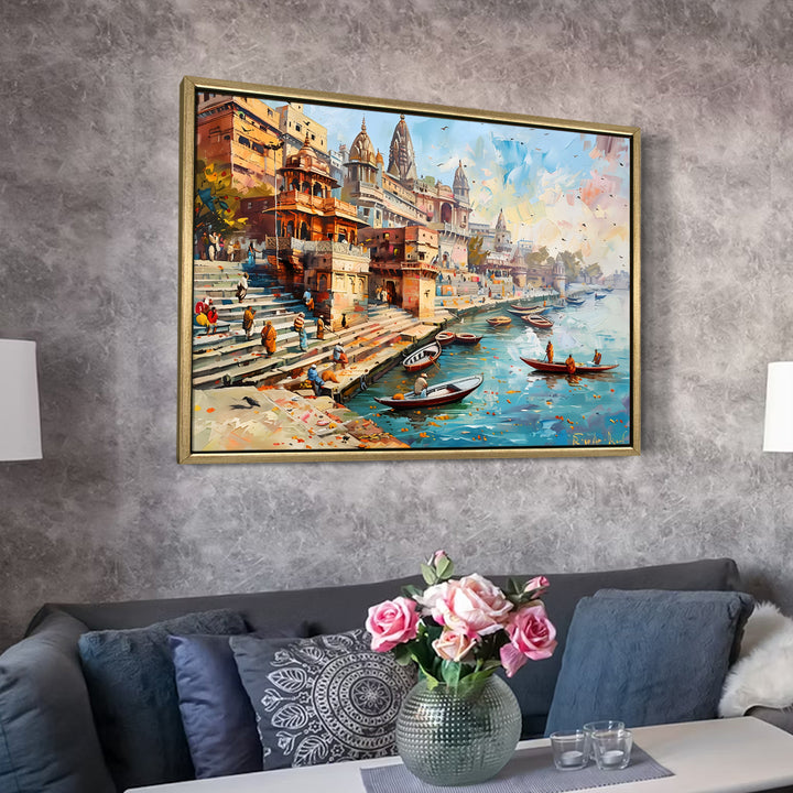 Banaras Ghats Painting Wall Art – Varanasi Riverfront with Golden Floater Frame – HD Print Large Canvas, Ready to Hang, Size: 3X4FT, (BAWA16)