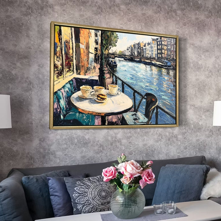 Canal-side brunch café in Amsterdam Wall Art, HD Canvas Print, Golden Floater Framed, Ready to Hang, (36 In x 48 In) (CAFE-WA-10)