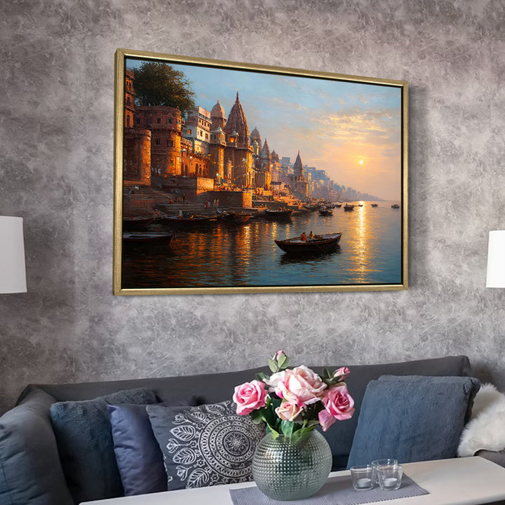 Banaras Ghats Painting Wall Art – Varanasi Riverfront with Golden Floater Frame – HD Print Large Canvas, Ready to Hang, Size: 3X4FT, (BAWA03)