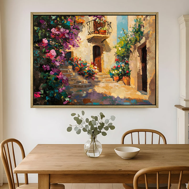 Narrow alley with balconies full of flowers Wall Art, HD Canvas Print, Golden Floater Framed, Ready to Hang, (36 In x 48 In) (CITY-WA-06)
