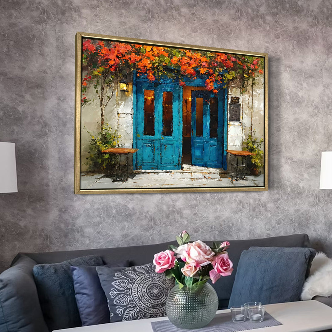 Rustic Greek café with blue doors and hanging vines Wall Art, HD Canvas Print, Golden Floater Framed, Ready to Hang, (36 In x 48 In) (CAFE-WA-15)