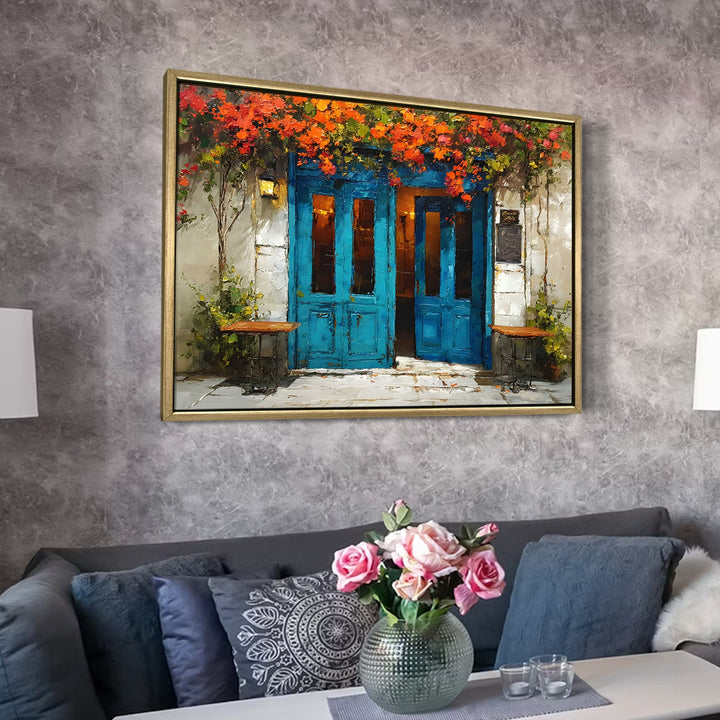 Rustic Greek café with blue doors and hanging vines Wall Art, HD Canvas Print, Golden Floater Framed, Ready to Hang, (36 In x 48 In) (CAFE-WA-15)