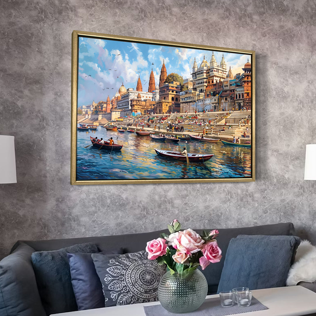 Banaras Ghats Painting Wall Art – Varanasi Riverfront with Golden Floater Frame – HD Print Large Canvas, Ready to Hang, Size: 3X4FT, (BAWA19)
