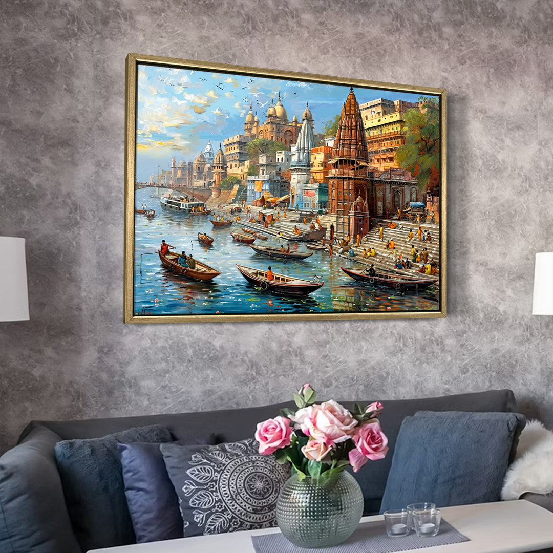 Banaras Ghats Painting Wall Art – Varanasi Riverfront with Golden Floater Frame – HD Print Large Canvas, Ready to Hang, Size: 3X4FT, (BAWA13)
