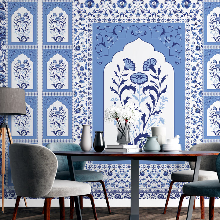 Blue Pottery Elegance – Mughal Floral Wallpaper Mural (PATCH003)