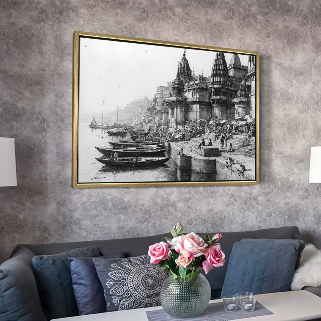 Banaras Ghats Painting Wall Art – Varanasi Riverfront with Golden Floater Frame – HD Print Large Canvas, Ready to Hang, Size: 3X4FT, (BAWA10)