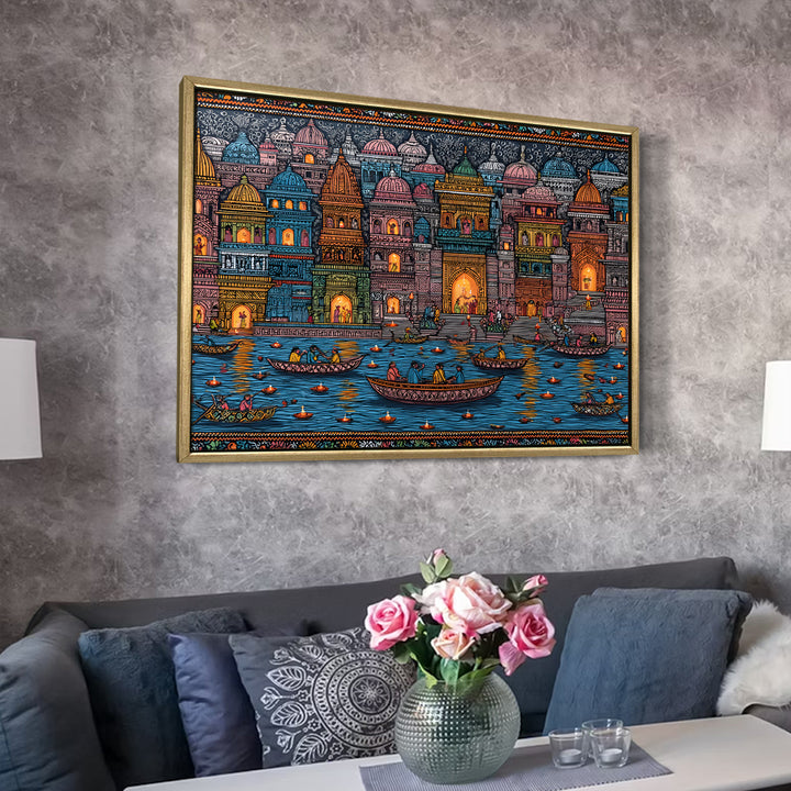 Banaras Ghats Painting Wall Art – Varanasi Riverfront with Golden Floater Frame – HD Print Large Canvas, Ready to Hang, Size: 3X4FT, (BAWA21)