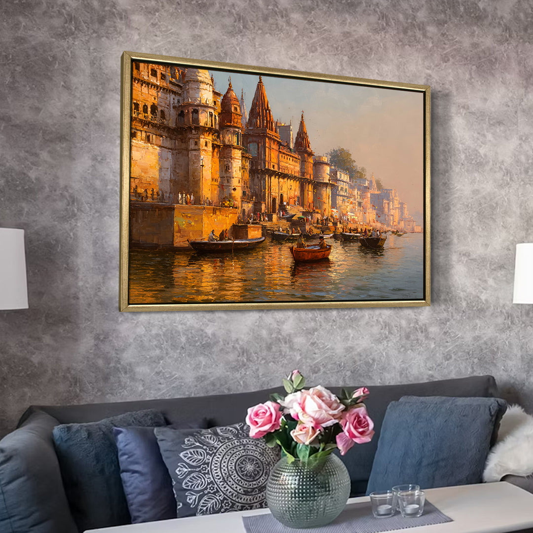 Banaras Ghats Painting Wall Art – Varanasi Riverfront with Golden Floater Frame – HD Print Large Canvas, Ready to Hang, Size: 3X4FT, (BAWA05)