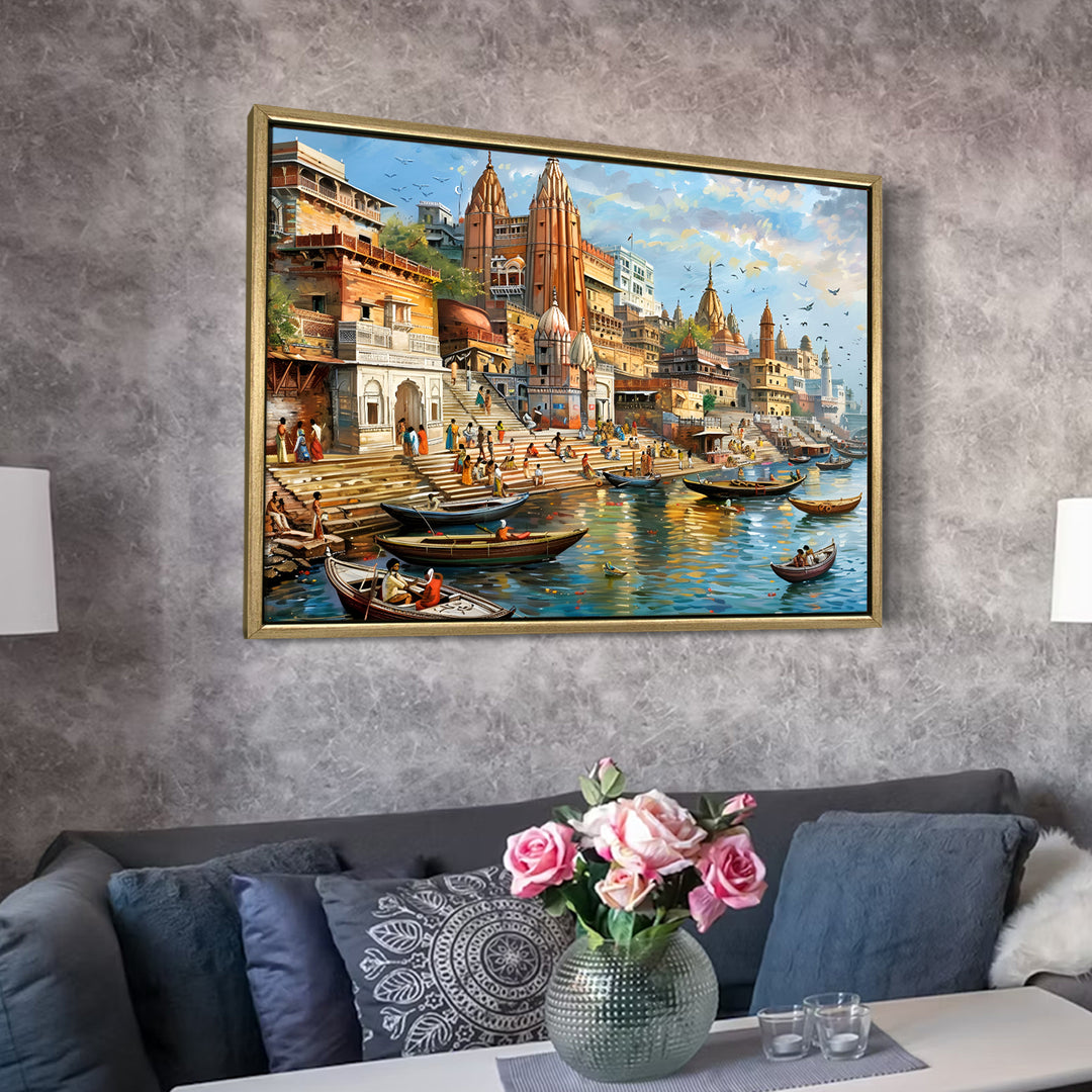 Banaras Ghats Painting Wall Art – Varanasi Riverfront with Golden Floater Frame – HD Print Large Canvas, Ready to Hang, Size: 3X4FT, (BAWA24)