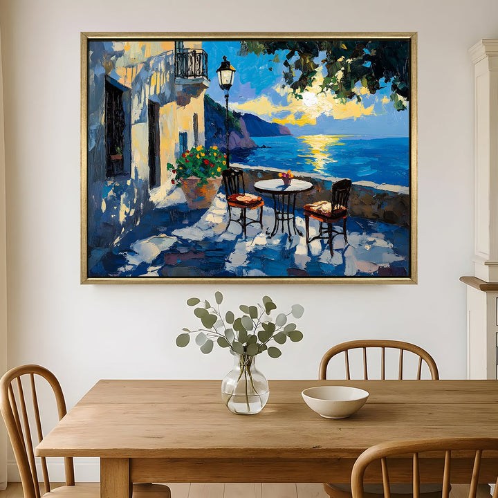Blue-domed café by the sea cliffs Wall Art, HD Canvas Print, Golden Floater Framed, Ready to Hang, (36 In x 48 In) (CITY-WA-04)