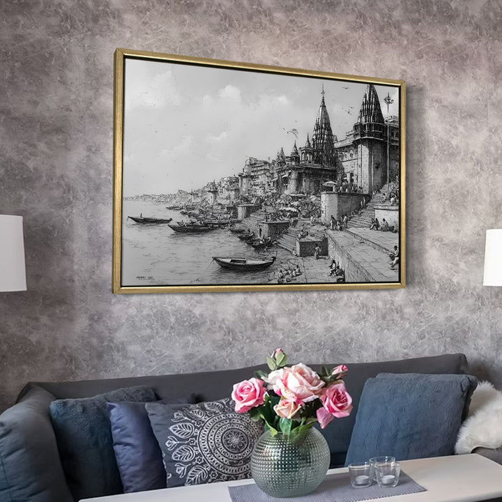 Banaras Ghats Painting Wall Art – Varanasi Riverfront with Golden Floater Frame – HD Print Large Canvas, Ready to Hang, Size: 3X4FT, (BAWA12)