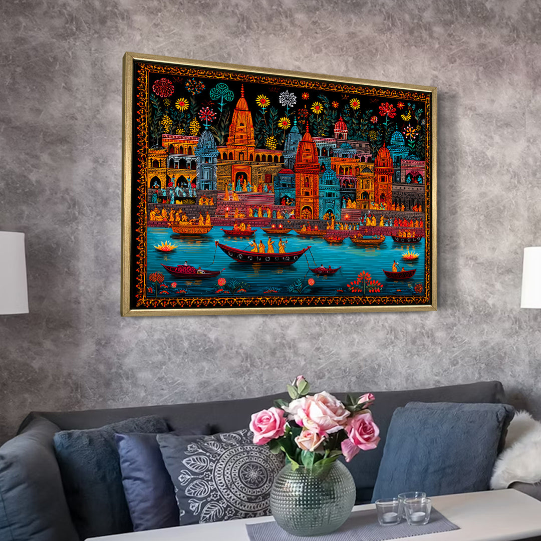 Banaras Ghats Painting Wall Art – Varanasi Riverfront with Golden Floater Frame – HD Print Large Canvas, Ready to Hang, Size: 3X4FT, (BAWA23)
