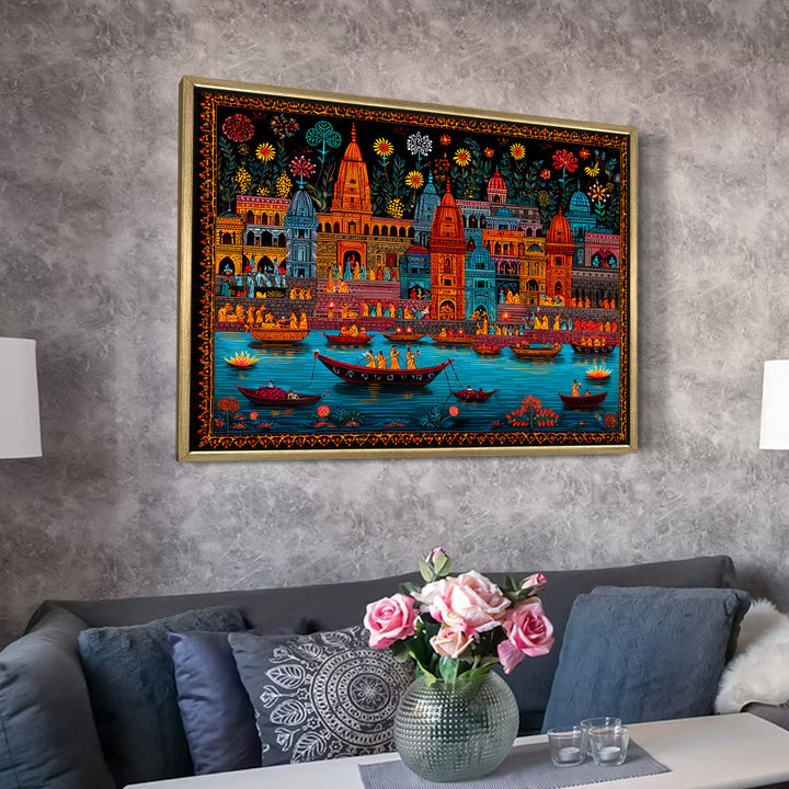 Banaras Ghats Painting Wall Art – Varanasi Riverfront with Golden Floater Frame – HD Print Large Canvas, Ready to Hang, Size: 3X4FT, (BAWA23)