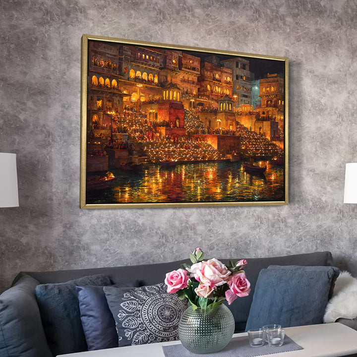 Banaras Ghats Painting Wall Art – Varanasi Riverfront with Golden Floater Frame – HD Print Large Canvas, Ready to Hang, Size: 3X4FT, (BAWA18)