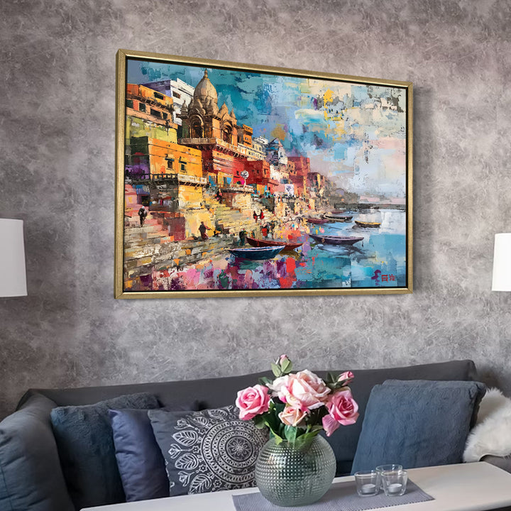 Banaras Ghats Painting Wall Art – Varanasi Riverfront with Golden Floater Frame – HD Print Large Canvas, Ready to Hang, Size: 3X4FT, (BAWA31)