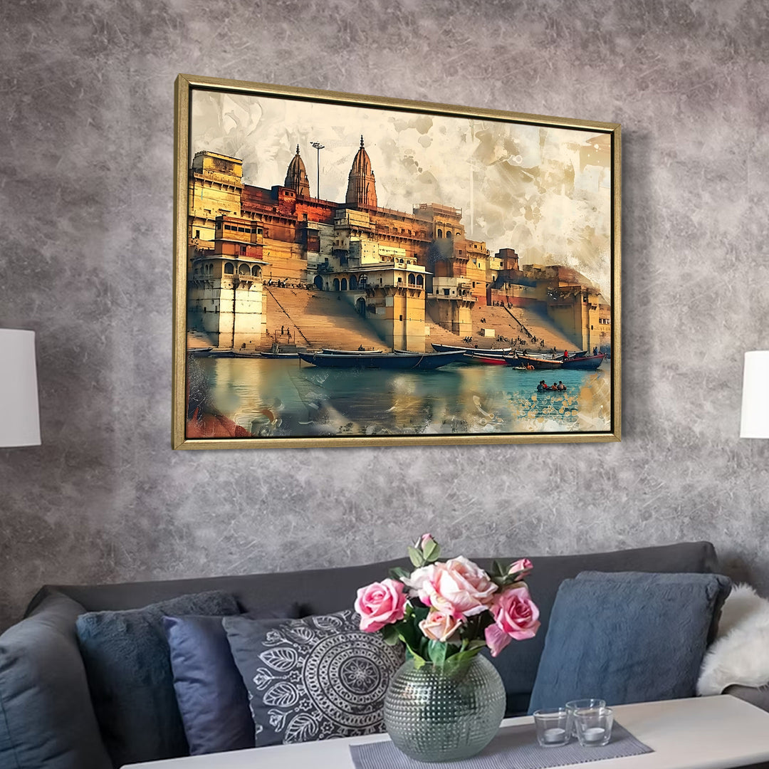 Banaras Ghats Painting Wall Art – Varanasi Riverfront with Golden Floater Frame – HD Print Large Canvas, Ready to Hang, Size: 3X4FT, (BAWA30)