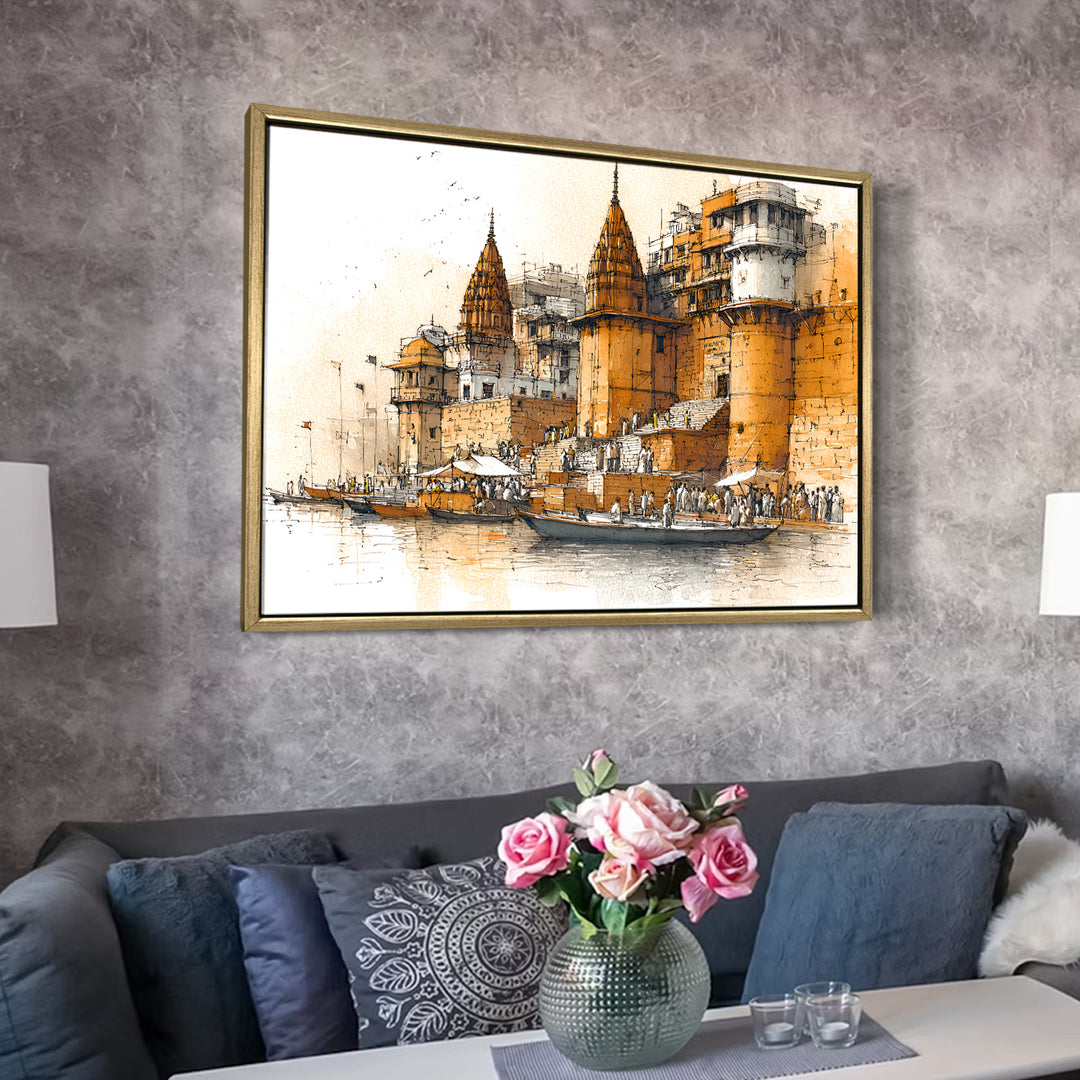 Banaras Ghats Painting Wall Art – Varanasi Riverfront with Golden Floater Frame – HD Print Large Canvas, Ready to Hang, Size: 3X4FT, (BAWA15)