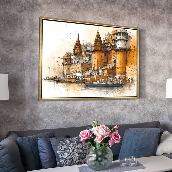 Banaras Ghats Painting Wall Art – Varanasi Riverfront with Golden Floater Frame – HD Print Large Canvas, Ready to Hang, Size: 3X4FT, (BAWA15)