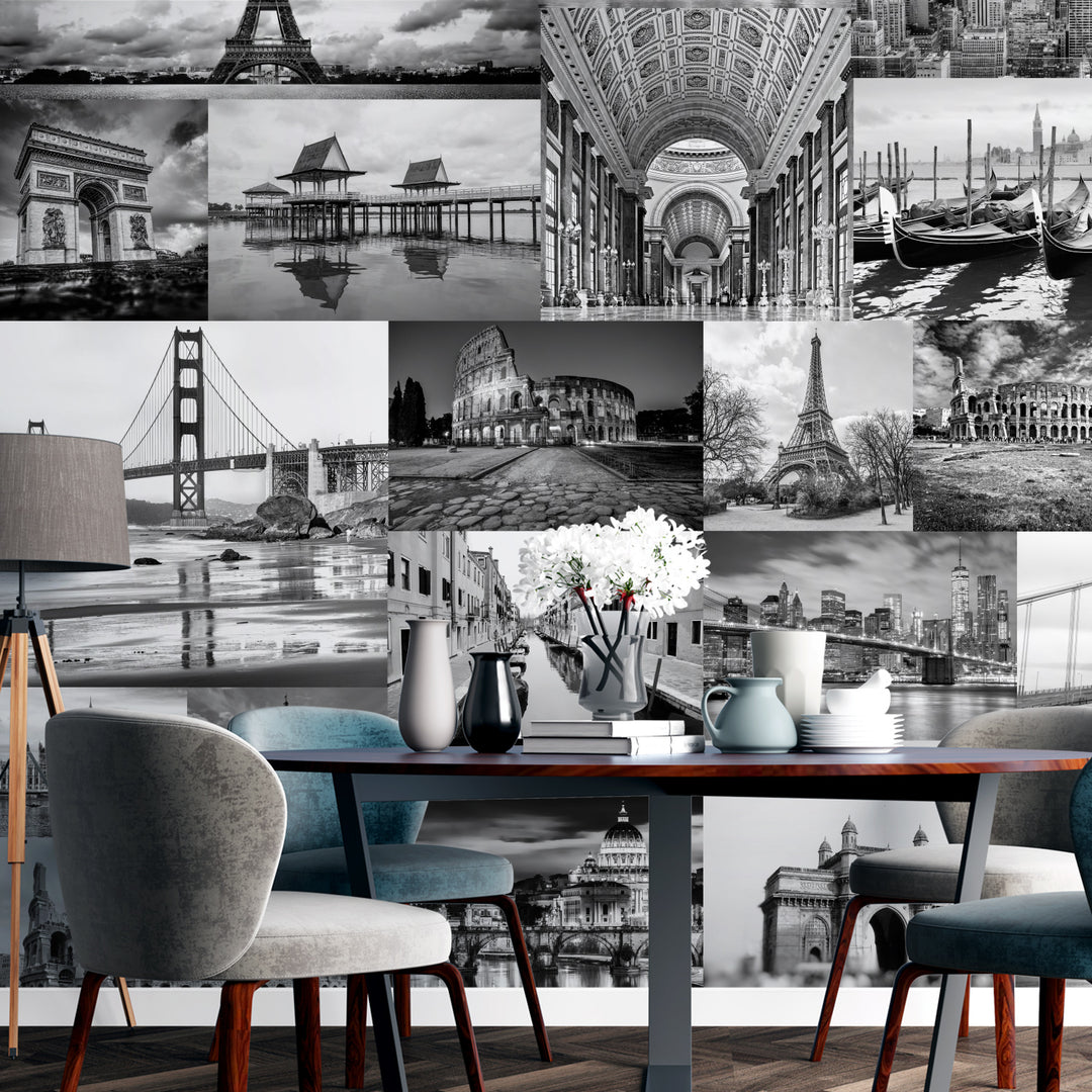 Global Icons – Monochrome Cityscape Wall Mural (PATCH004)