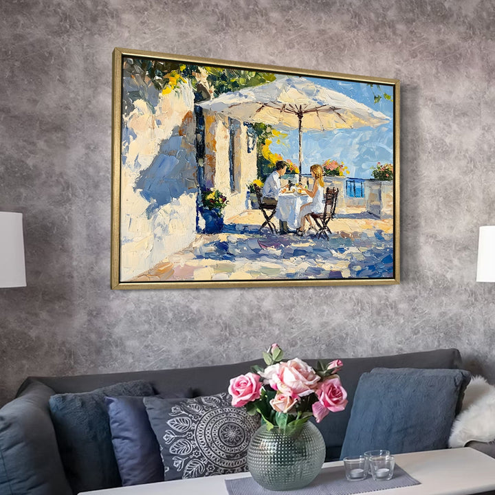 Breezy coastal breakfast café in Monaco Wall Art, HD Canvas Print, Golden Floater Framed, Ready to Hang, (36 In x 48 In) (CAFE-WA-09)