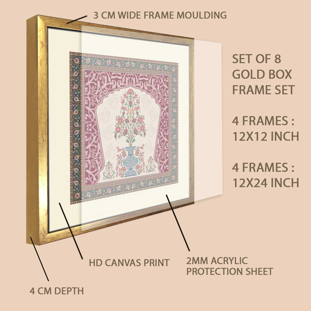 Royal Mughal Miniature Art – Set of 8 Acrylic Paintings in Golden Box Frames (MUGHAL-8F-01)
