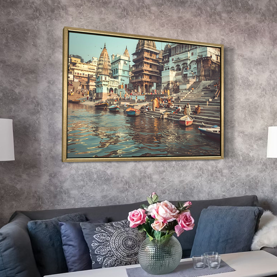 Banaras Ghats Painting Wall Art – Varanasi Riverfront with Golden Floater Frame – HD Print Large Canvas, Ready to Hang, Size: 3X4FT, (BAWA29)