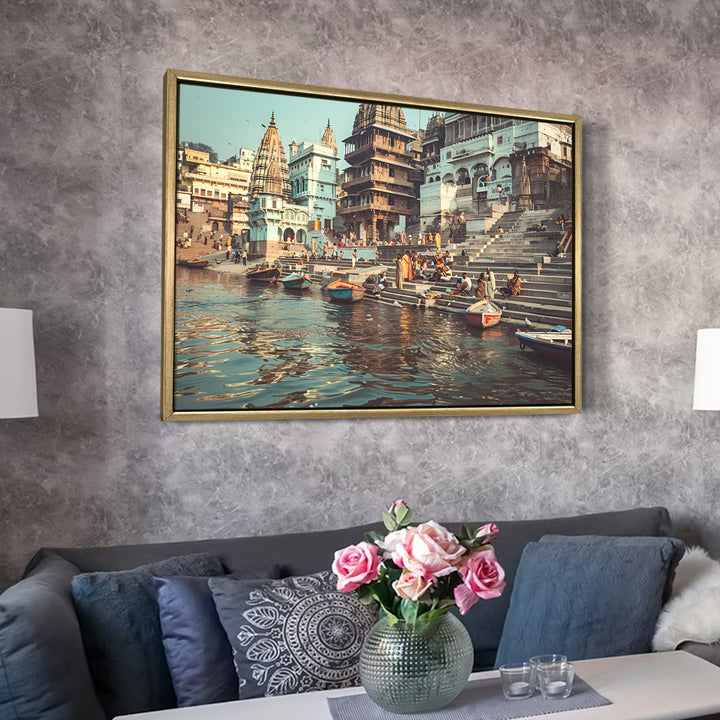 Banaras Ghats Painting Wall Art – Varanasi Riverfront with Golden Floater Frame – HD Print Large Canvas, Ready to Hang, Size: 3X4FT, (BAWA29)