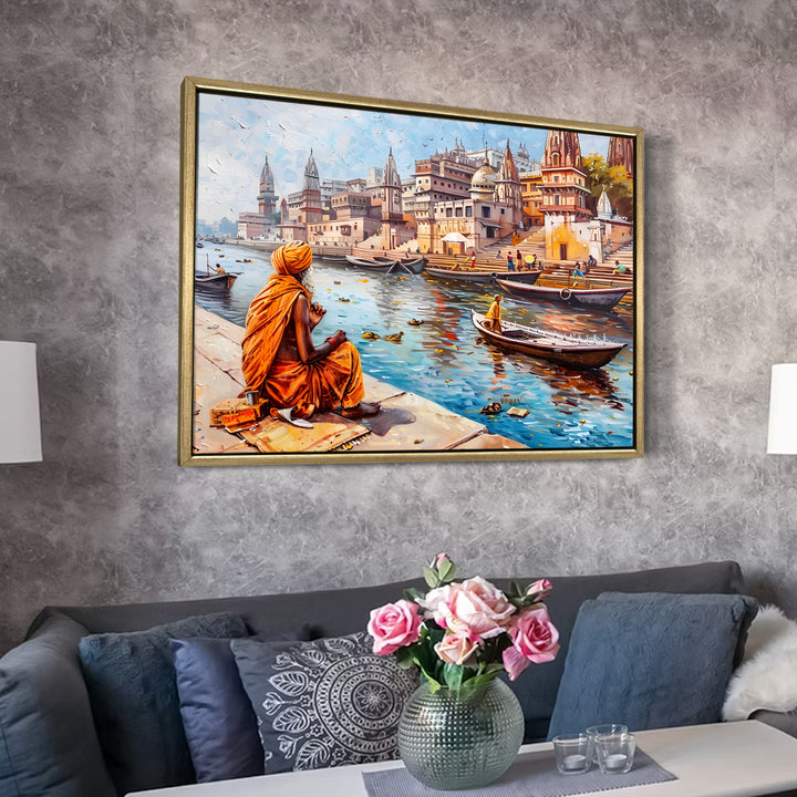 Banaras Ghats Painting Wall Art – Varanasi Riverfront with Golden Floater Frame – HD Print Large Canvas, Ready to Hang, Size: 3X4FT, (BAWA27)