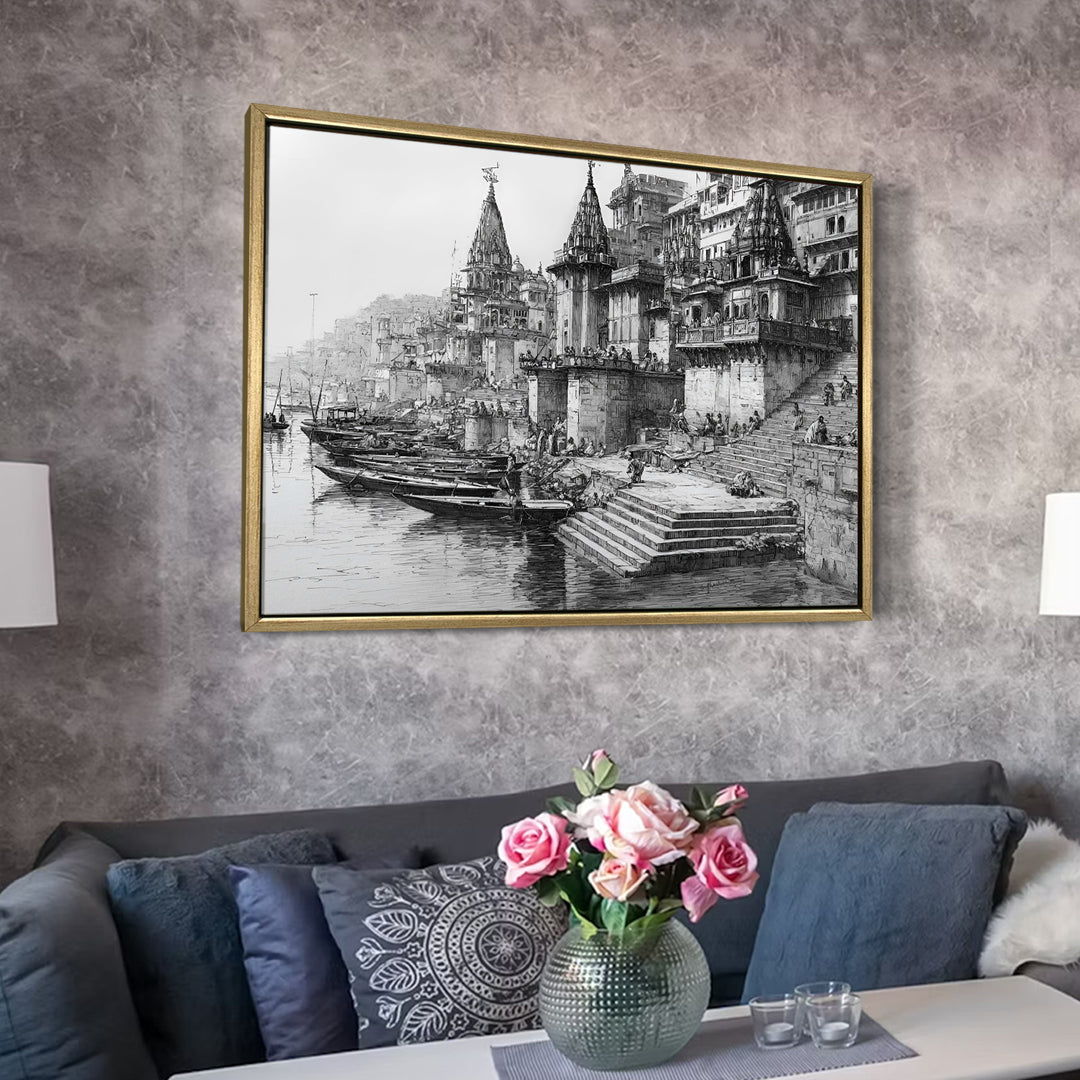 Banaras Ghats Painting Wall Art – Varanasi Riverfront with Golden Floater Frame – HD Print Large Canvas, Ready to Hang, Size: 3X4FT, (BAWA11)