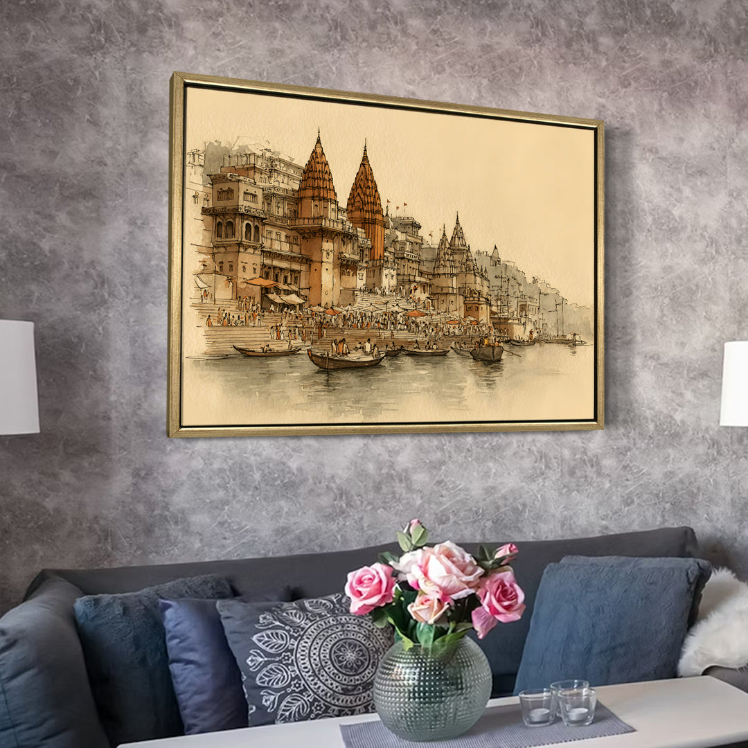 Banaras Ghats Painting Wall Art – Varanasi Riverfront with Golden Floater Frame – HD Print Large Canvas, Ready to Hang, Size: 3X4FT, (BAWA14)
