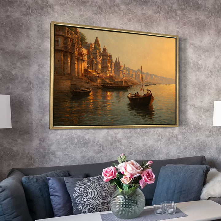 Banaras Ghats Painting Wall Art – Varanasi Riverfront with Golden Floater Frame – HD Print Large Canvas, Ready to Hang, Size: 3X4FT, (BAWA04)