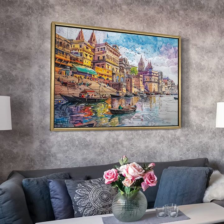 Banaras Ghats Painting Wall Art – Varanasi Riverfront with Golden Floater Frame – HD Print Large Canvas, Ready to Hang, Size: 3X4FT, (BAWA02).