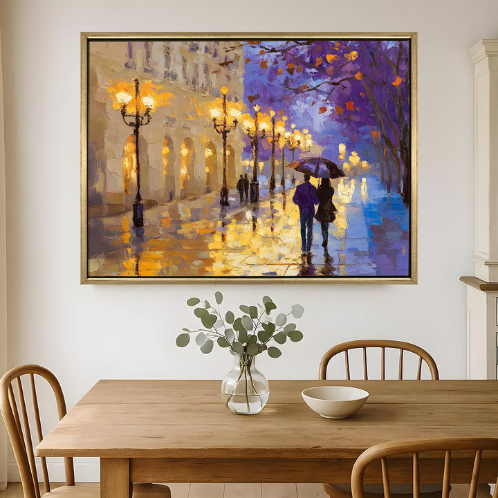 Rainy street with reflections of warm lights Wall Art, HD Canvas Print, Golden Floater Framed, Ready to Hang, (36 In x 48 In) (CAFE-WA-01)