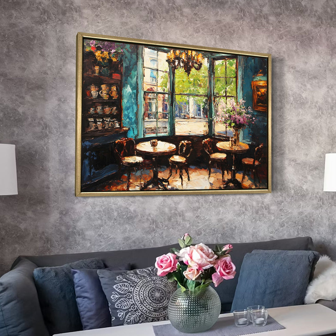 Elegant London tea shop with Victorian windows Wall Art, HD Canvas Print, Golden Floater Framed, Ready to Hang, (36 In x 48 In) (CAFE-WA-16)