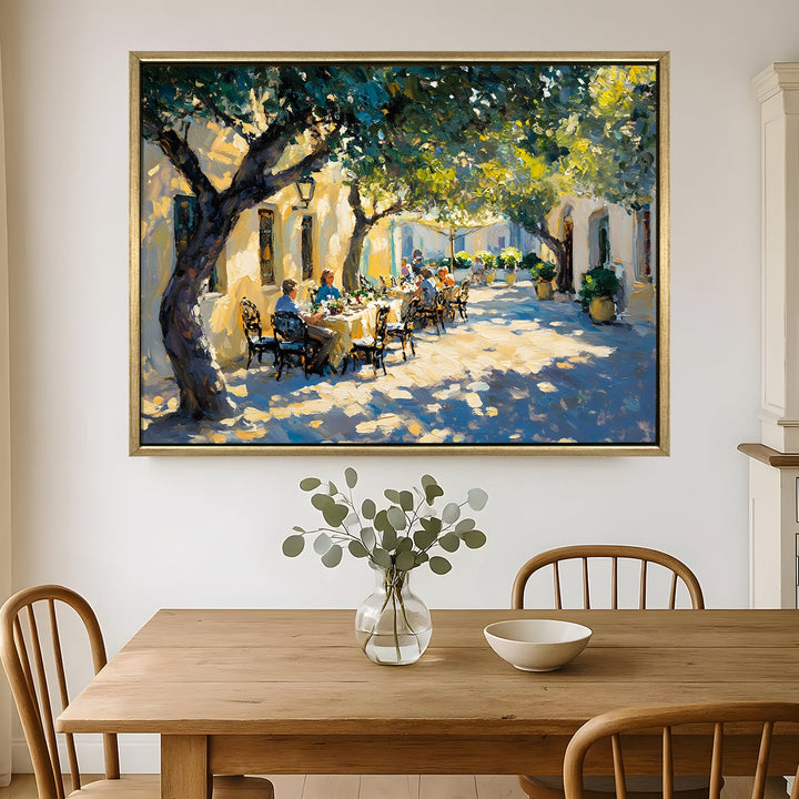Courtyard dining under olive trees Wall Art, HD Canvas Print, Golden Floater Framed, Ready to Hang, (36 In x 48 In) (CITY-WA-03)