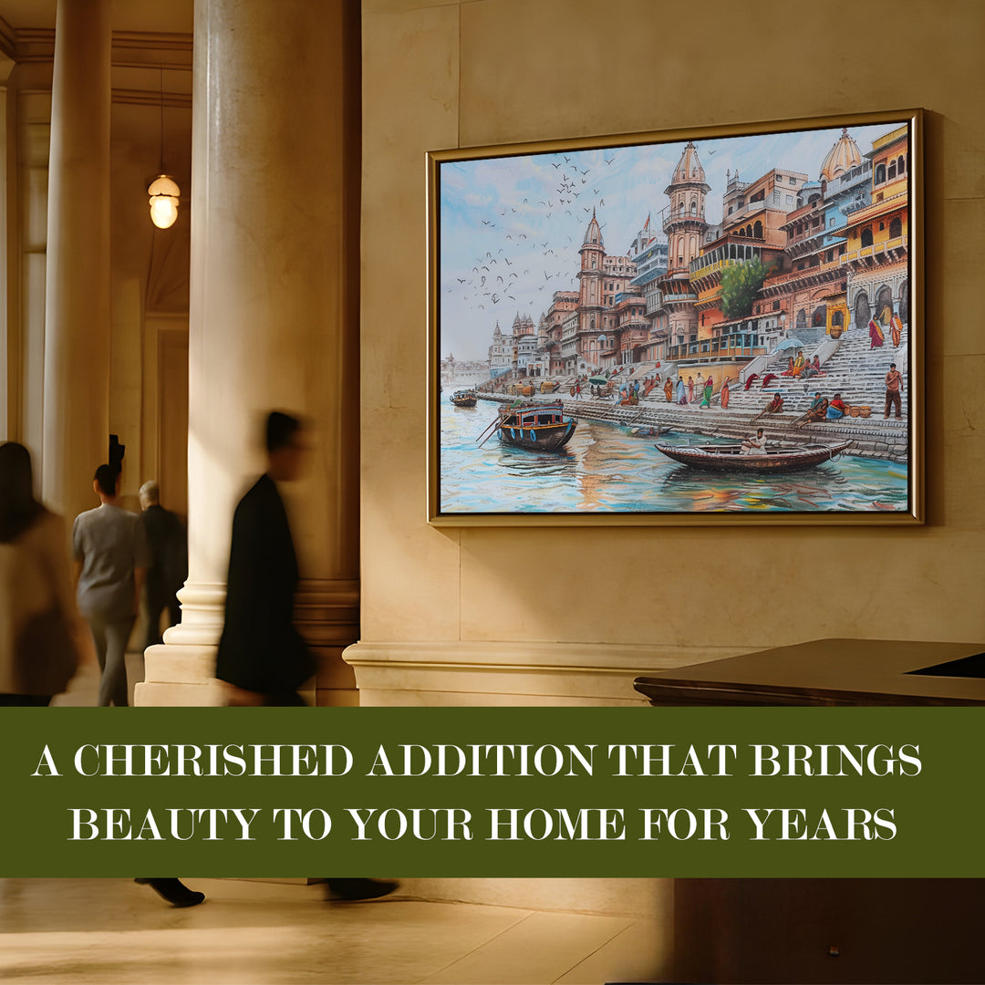 Banaras Ghats Painting Wall Art – Varanasi Riverfront with Golden Floater Frame – HD Print Large Canvas, Ready to Hang, Size: 3X4FT, (BAWA07)