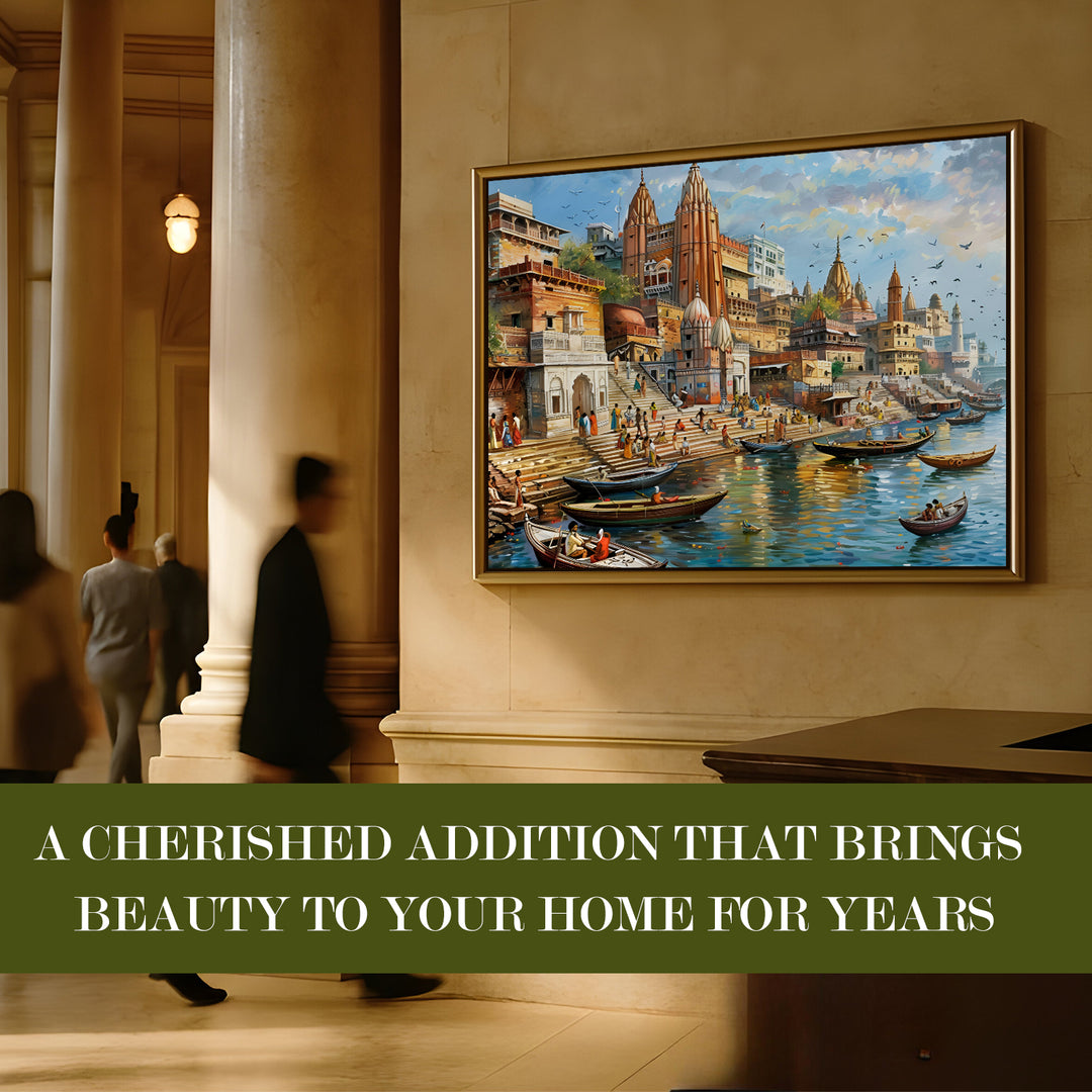 Banaras Ghats Painting Wall Art – Varanasi Riverfront with Golden Floater Frame – HD Print Large Canvas, Ready to Hang, Size: 3X4FT, (BAWA24)