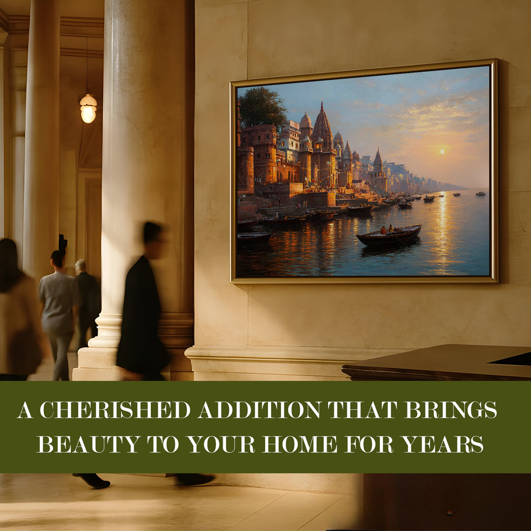 Banaras Ghats Painting Wall Art – Varanasi Riverfront with Golden Floater Frame – HD Print Large Canvas, Ready to Hang, Size: 3X4FT, (BAWA03)