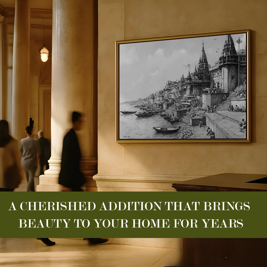 Banaras Ghats Painting Wall Art – Varanasi Riverfront with Golden Floater Frame – HD Print Large Canvas, Ready to Hang, Size: 3X4FT, (BAWA12)