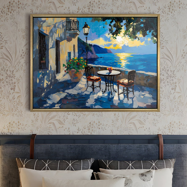 Blue-domed café by the sea cliffs Wall Art, HD Canvas Print, Golden Floater Framed, Ready to Hang, (36 In x 48 In) (CITY-WA-04)