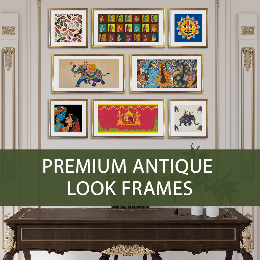 Indian Folk & Madhubani Art – Set of 8 Framed Acrylic Paintings in Golden Box Frames (INETHPA02)